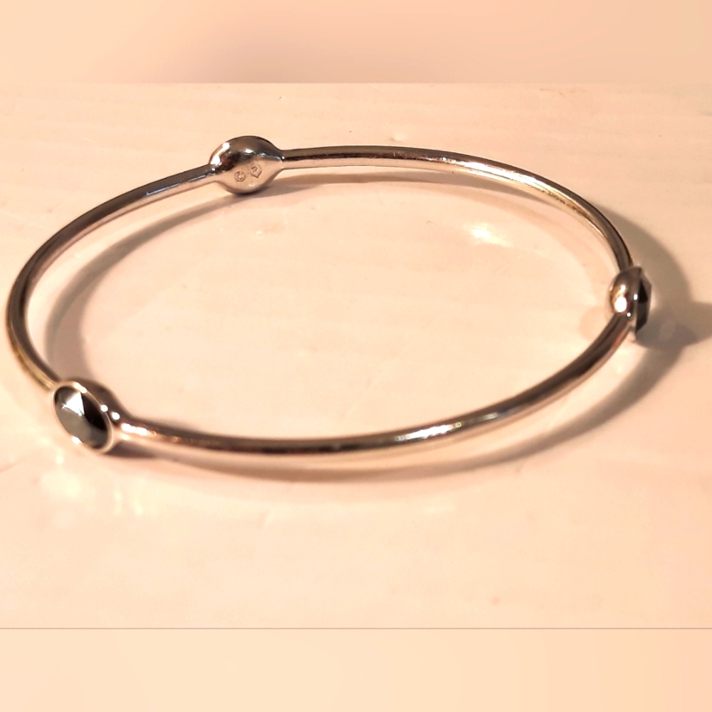 Swarovski Rhodium Plated Stamped Silver Bangle with Dark Stones